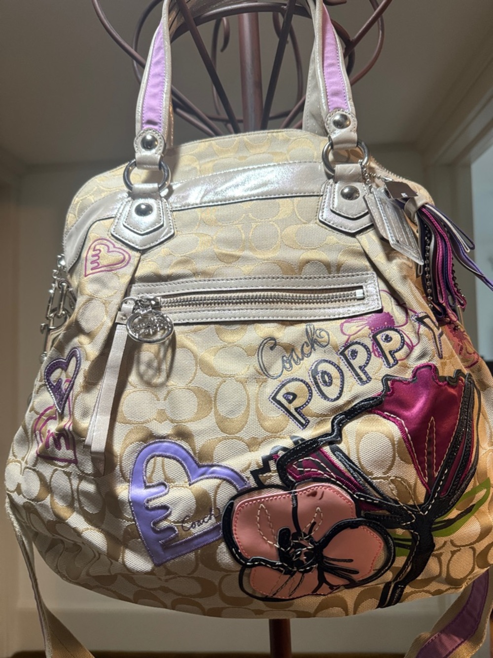 Coach Vintage Poppy Floral Appliqué Shoulder Tote Bag in Beige, Pink and Purple